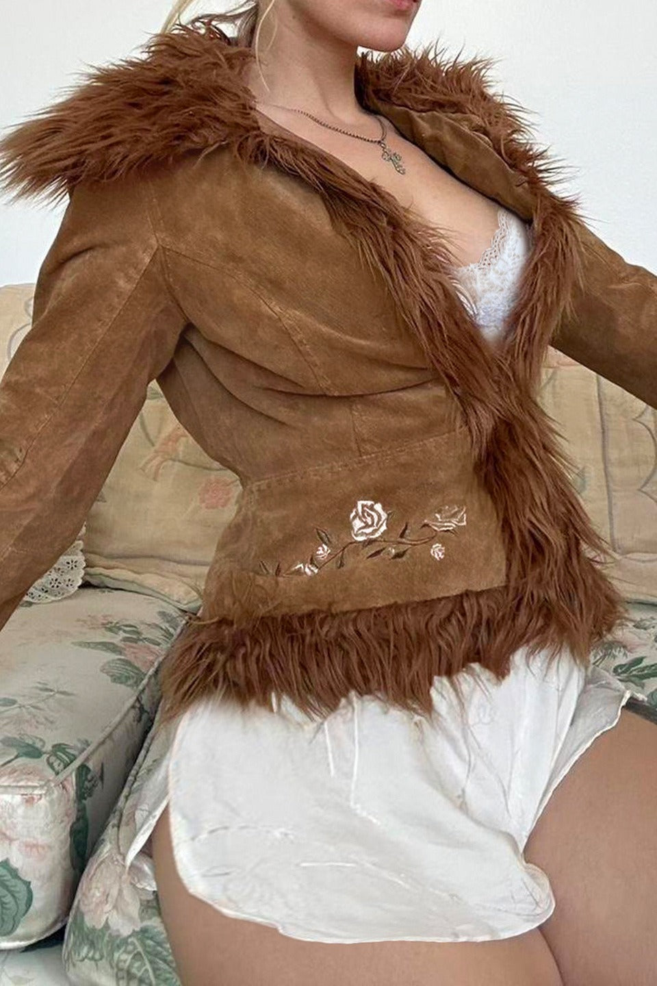 Floral Embroidered Fleece Coat - Fashionpara