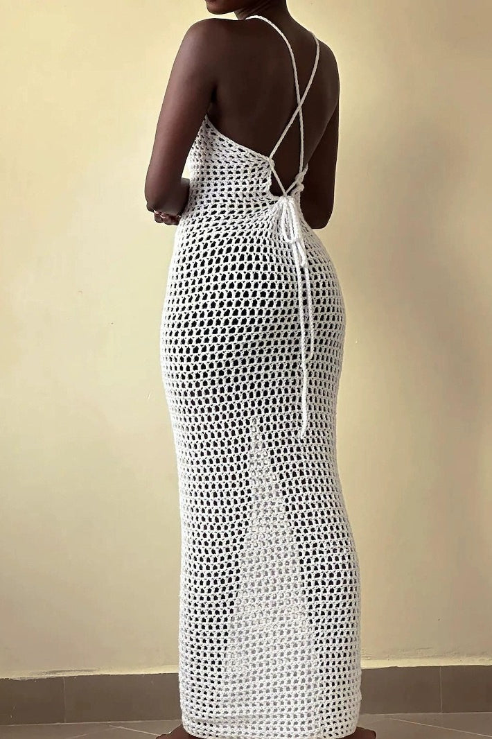 Beach Vacation Knit Cut Out Cover Up Maxi Sweater Dress - Fashionpara