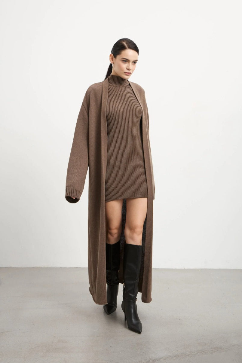 Fitted Knit Tank Dress and Long Cardigan Two-Piece Set