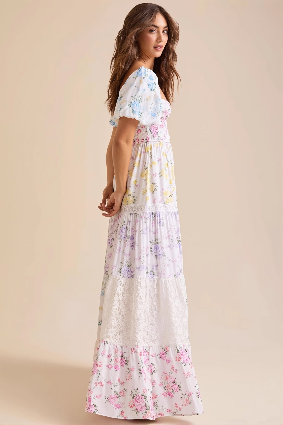 Floral Square Neck Puff Sleeve Tiered Maxi Dress