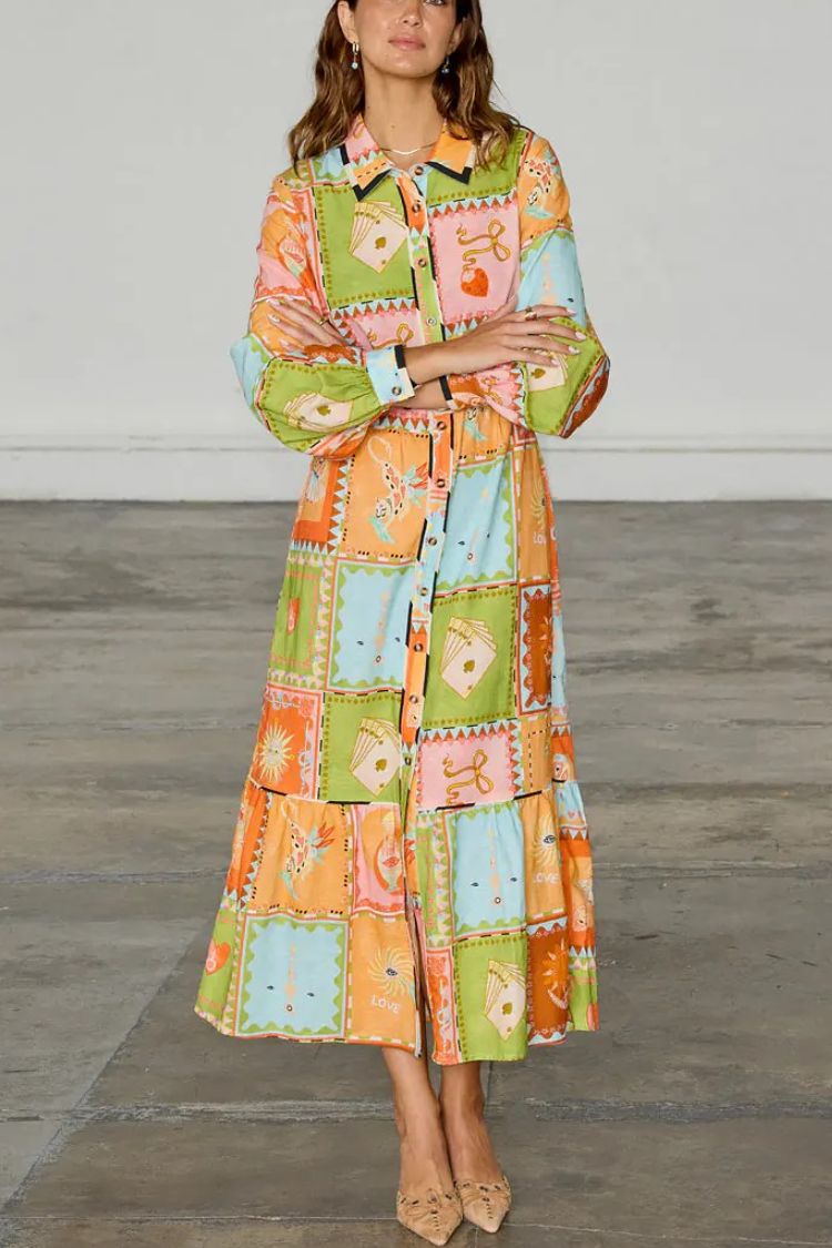 Linen Blend Unique Printed Long Sleeve Lapel Tie-waist Midi Dress - Fashionpara