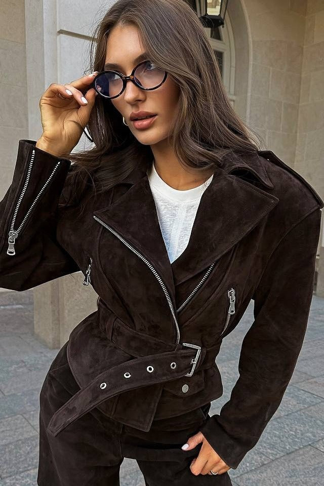 Suede Biker Belted Coat - Fashionpara