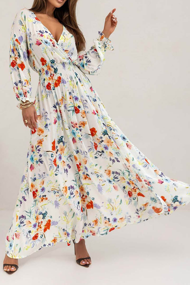 Printed V-neck Slit Long Sleeve Dress - Fashionpara