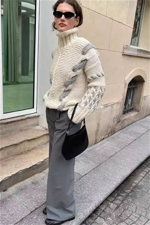 Colorblock Cable Knit Hooded Sweater for Cozy Style