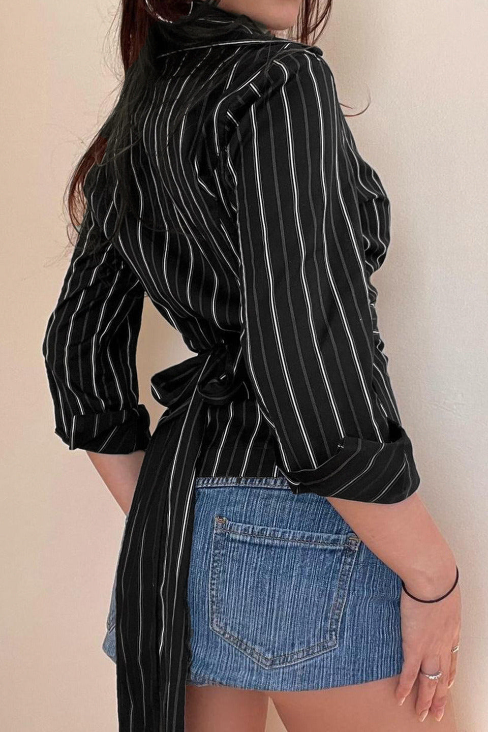 Woven Striped Collared Tie Waist Long Sleeve Blouse