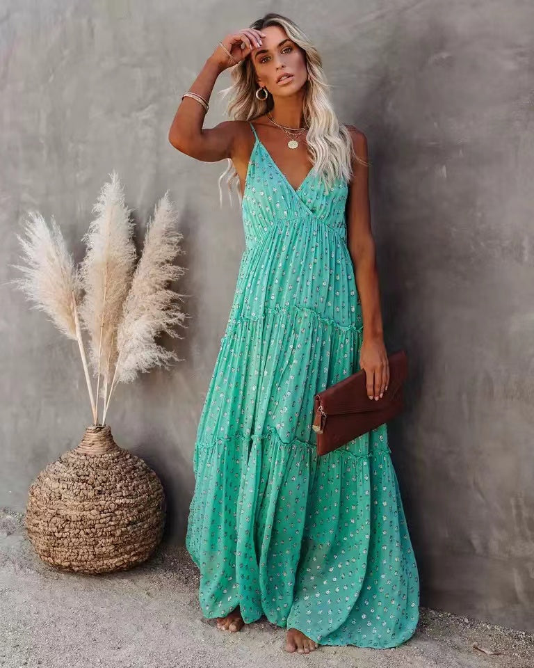 Dotted V-Neck Sleeveless Tiered Maxi Dress