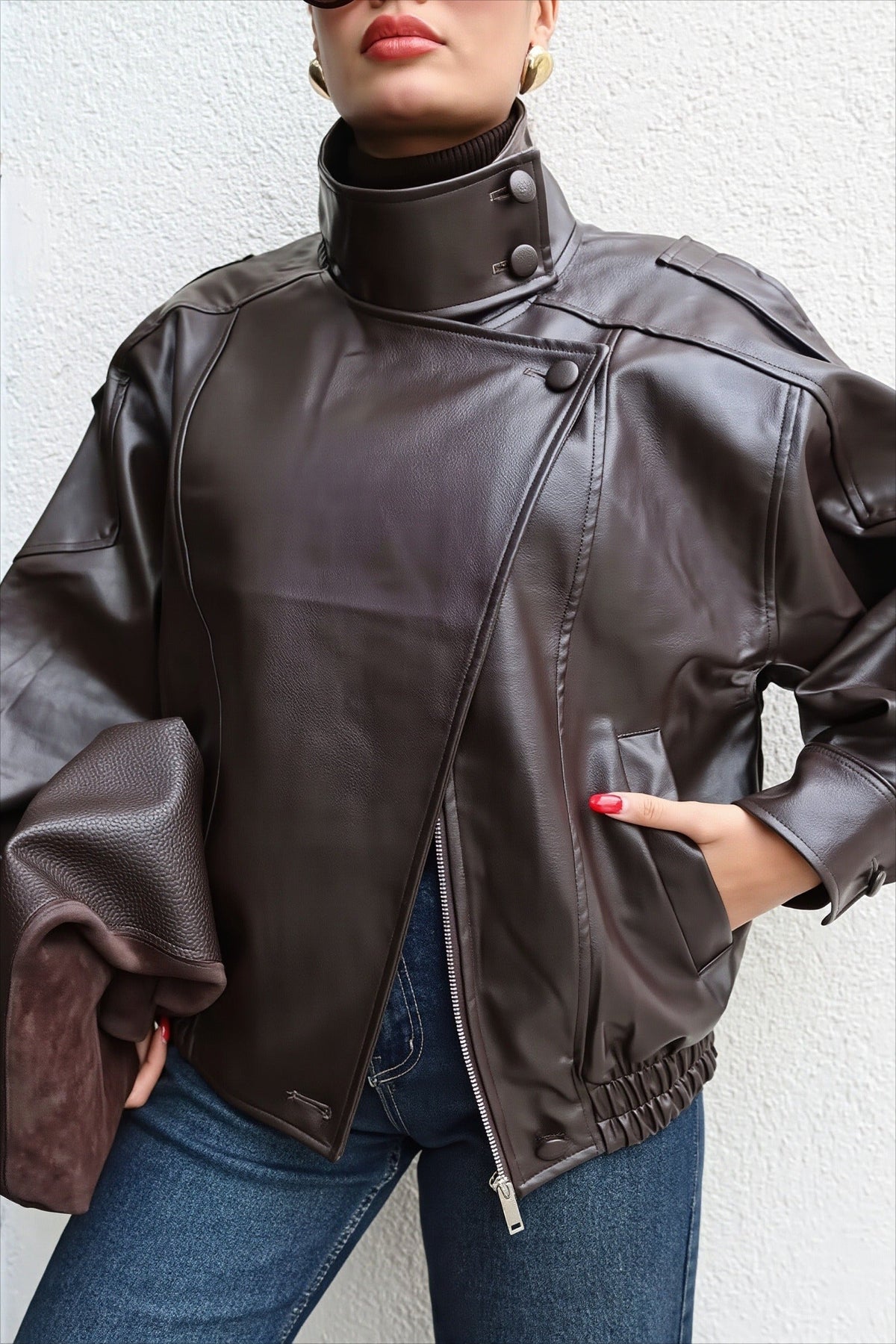 Asymmetric Front Grained Faux Leather Bomber Coat