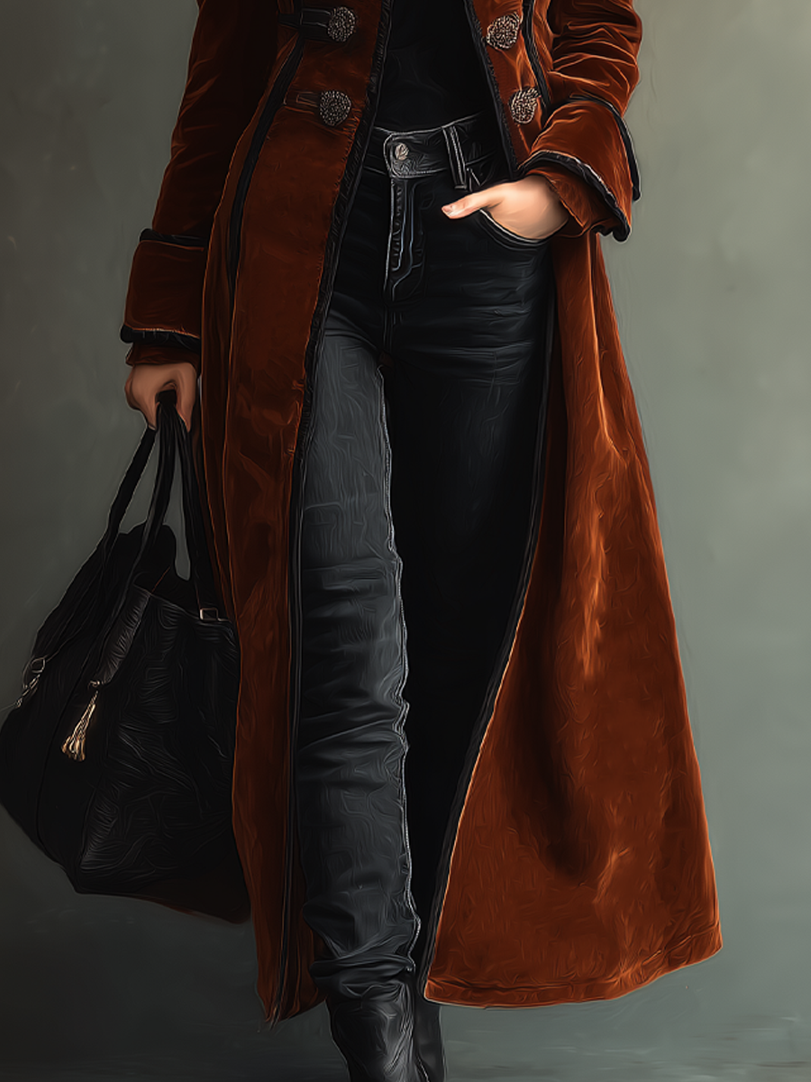 Retro Contrast Color Trim Polyester Velvet Long Coat