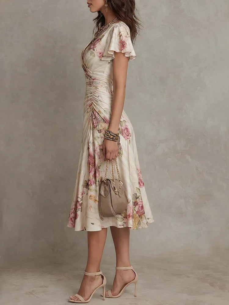 V-Neck Flutter Sleeve Ruched Floral Midi Dress