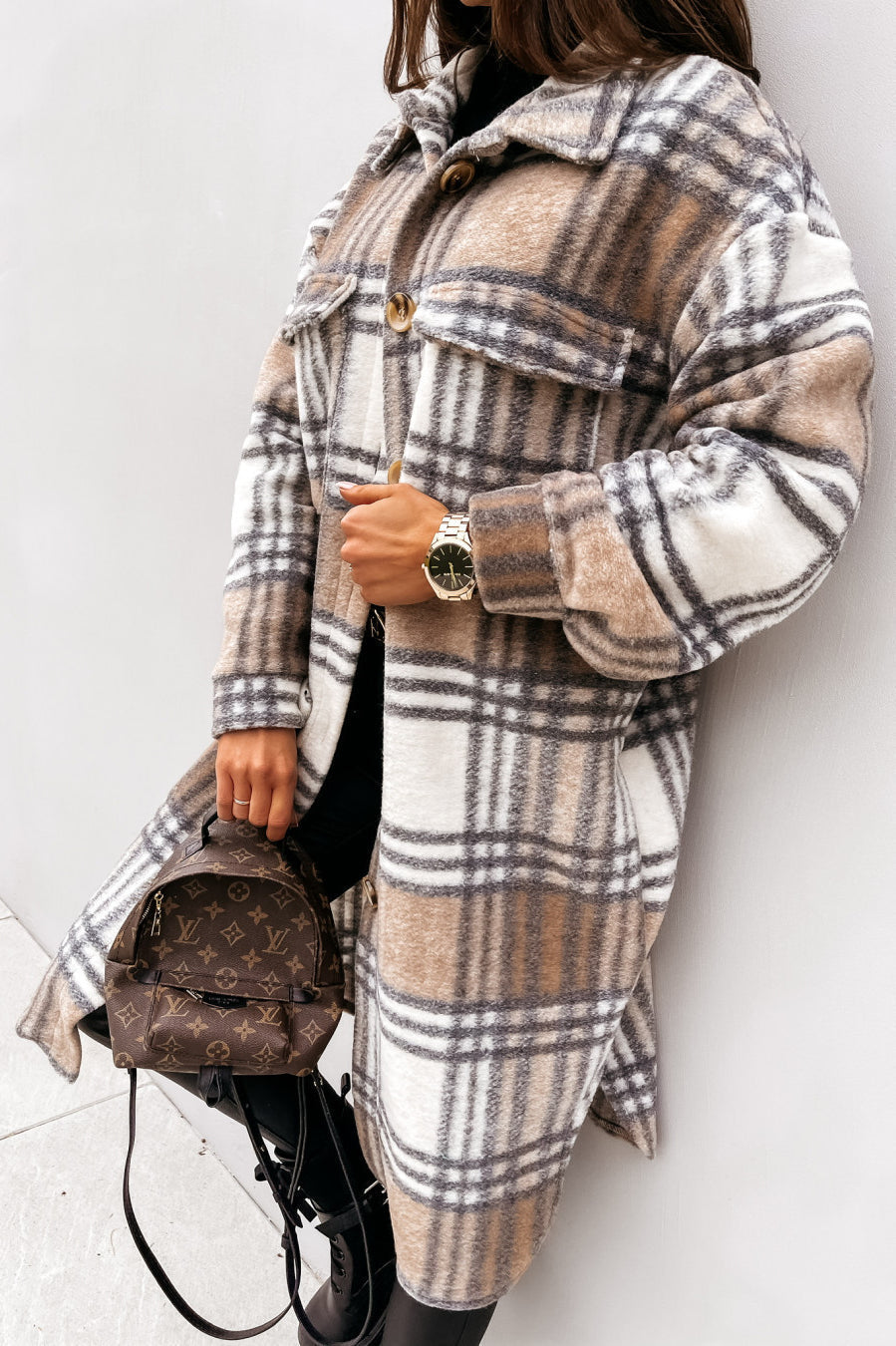 Plaid Button Down Shirt Coat Khaki / S coats