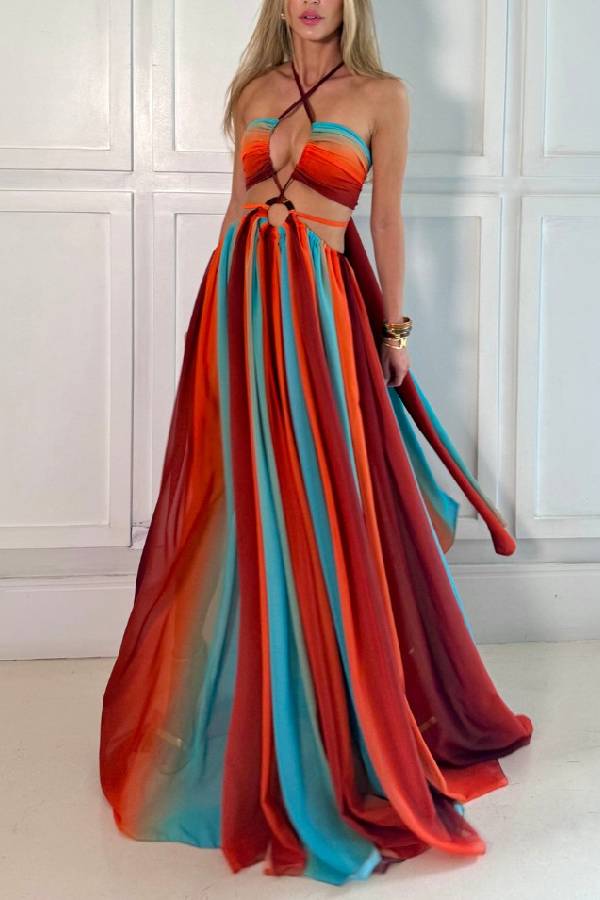 Variety of Styles Tulle Printed Ring Hollow Design Slit Vacation Maxi Dress - Fashionpara