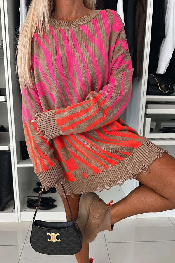 Chic Zebra Knit Sweater with Frayed Hem by Lady Rin