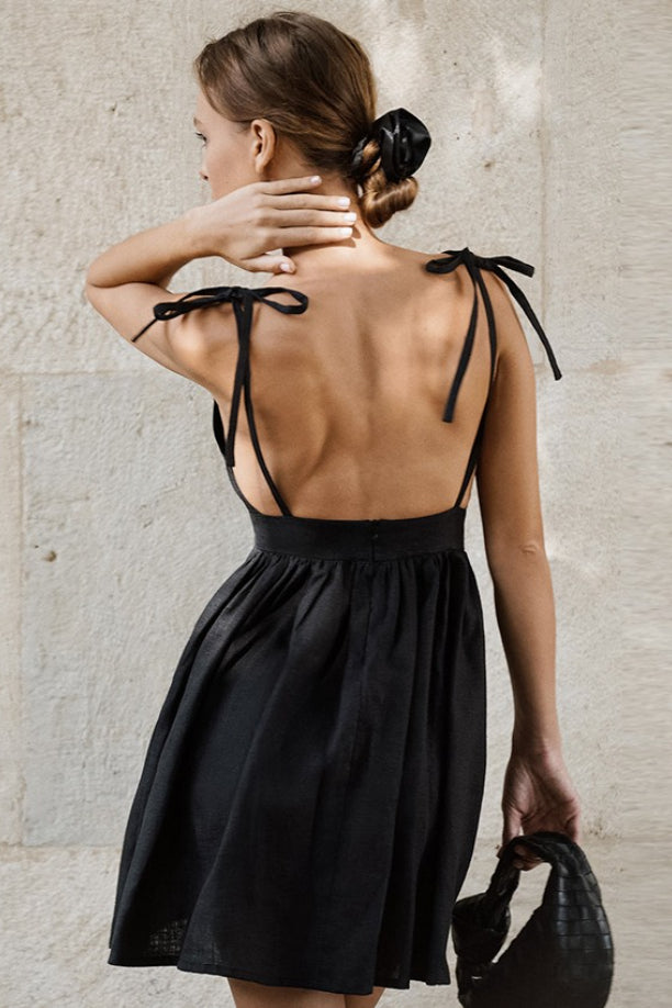 Black Linen V-Neck Cami Mini Dress