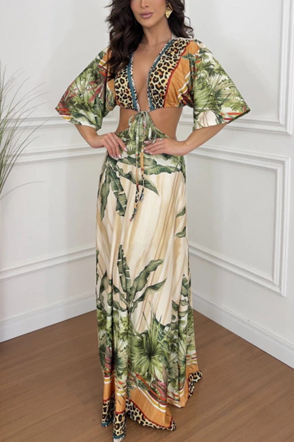 Arlena Leopard Botanical Print Tie-up Cutout Vacatuon Maxi Dress - Fashionpara