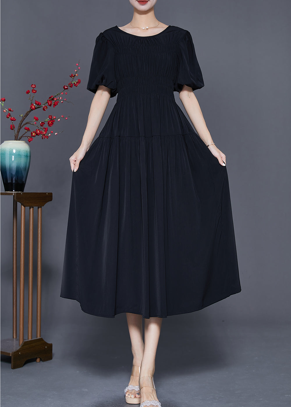 Smocked Bodice Scoop Neck Puff Sleeve Tiered A-Line Maxi Dress
