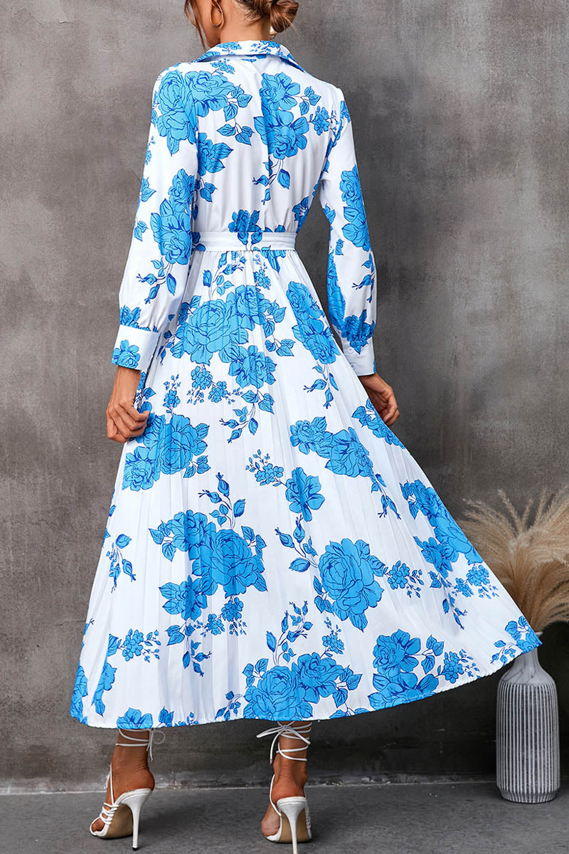 Spring and Autumn Printed Shirt V-Neck Tie Nine-Point Sleeve Midi Dress - Fashionpara