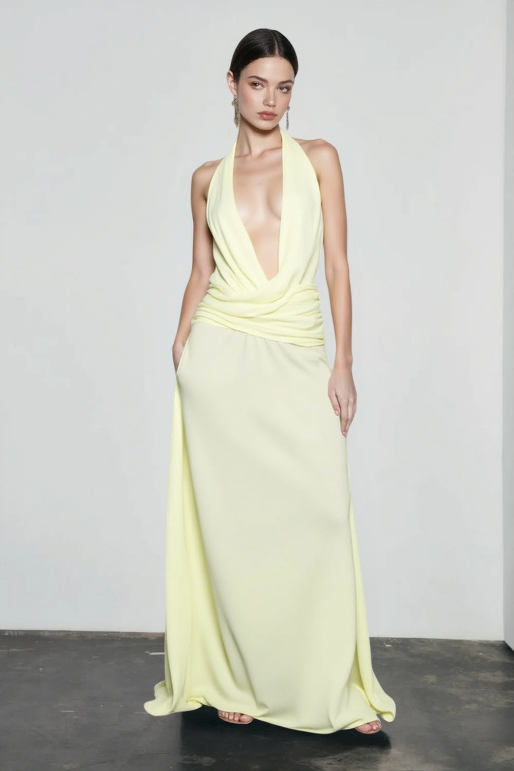 Ombre Print Halter Deep V-Neck Cowl Maxi Gown 9