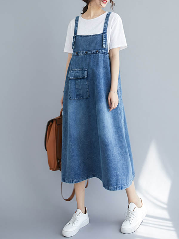 Denim Bib Strap Cargo Pocket Loose Fit Midi Overall Dress - View 7