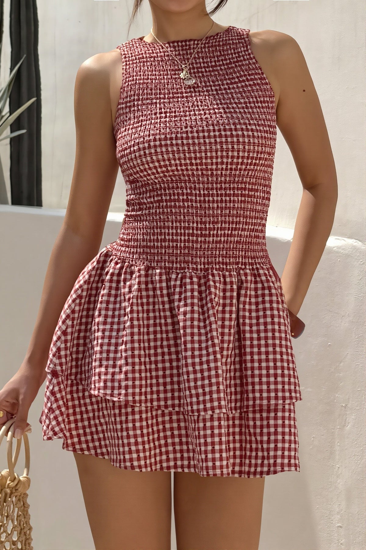 Gingham Smocked High Neck Ruffle Mini Dress 2