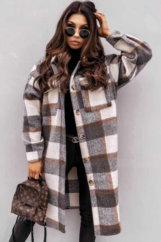 Plaid Button Down Shirt Coat Grey / S coats
