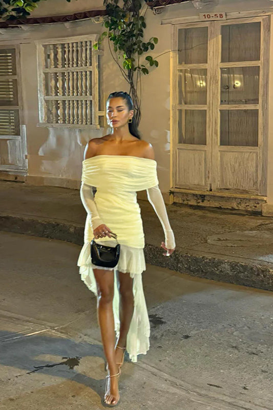 Fall New Slim-Fit Pleated Off-Shoulder  Party Dress