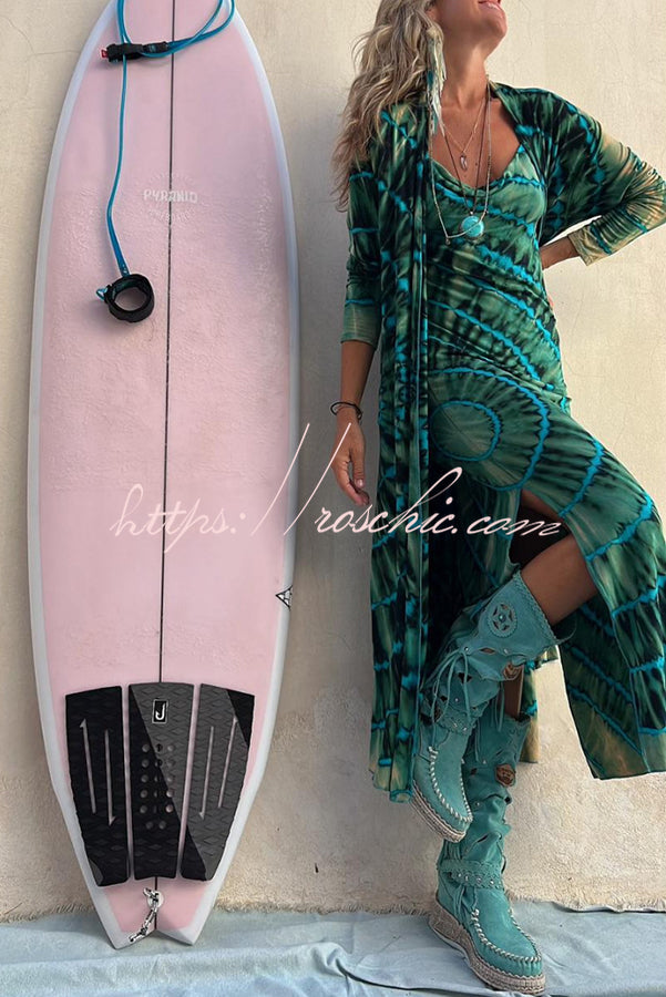 Suntan Smiles Tie Dye Print Open Front Long Sleeve Pocketed Kimono Cover-up - Fashionpara