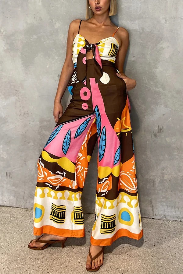 Unique Printed Suspenders Hollow Waist Wide-leg Jumpsuit - Fashionpara