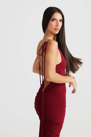 Cowl-Neck Spaghetti-Strap Lace-Up Fishtail Maxi Gown