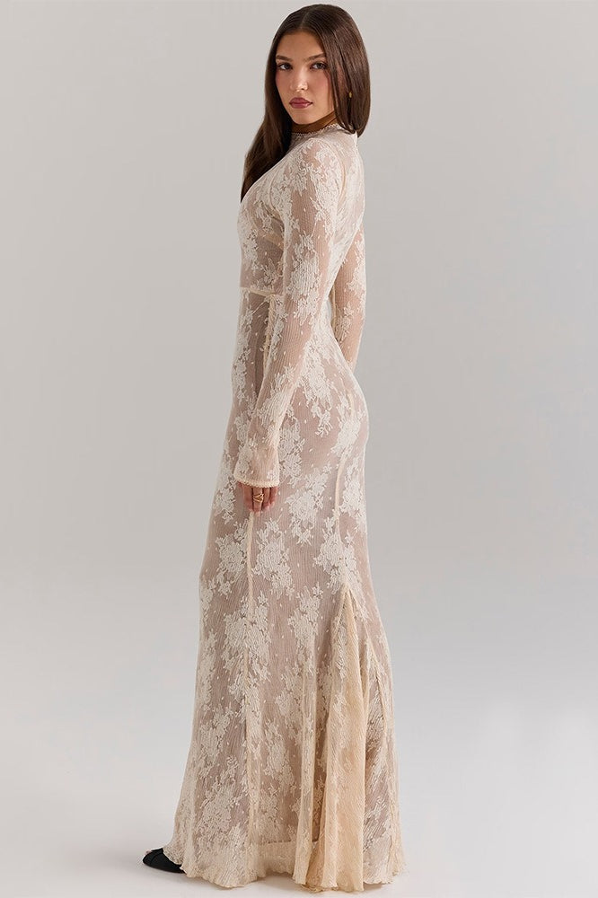 Crew Neck Long Sleeve Sheer Lace Mermaid Maxi Dress 4