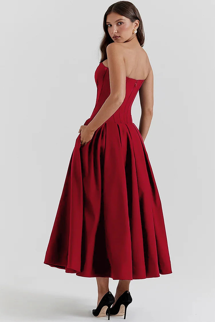 Satin Strapless Corset Pleated Pocket A-Line Midi Dress