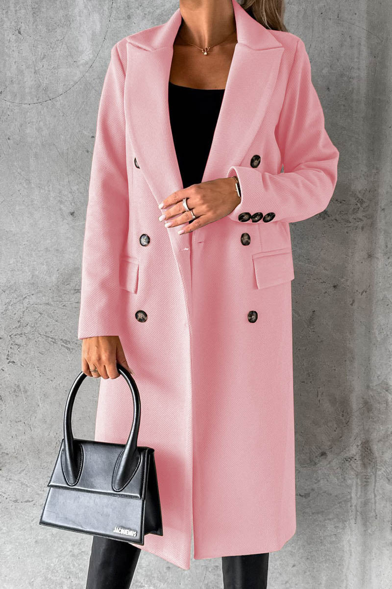 Solid Color Long Sleeve Double Breasted Coat with Pockets - Fashionpara