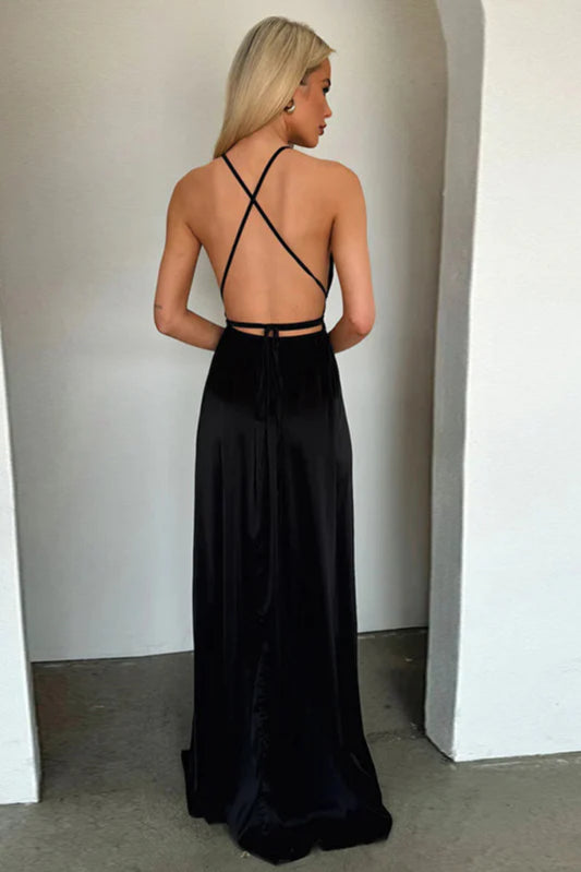Satin V-Neck Waist-Cinching Split Dress Party Dress