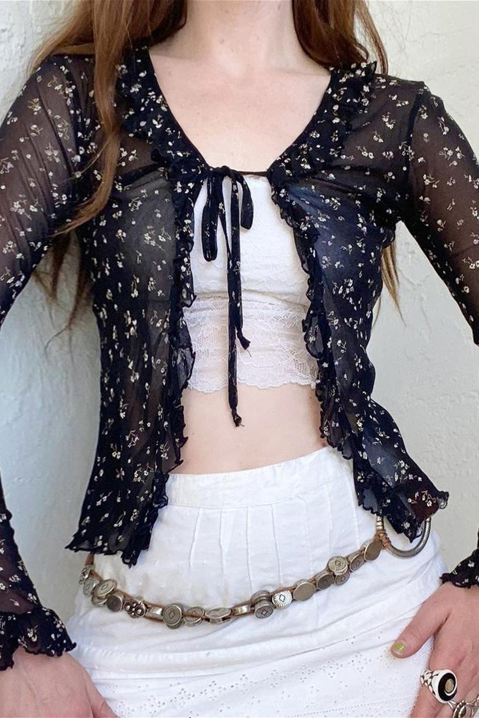 French Vintage Floral Bow Tie Tulle Cardigan Blouse