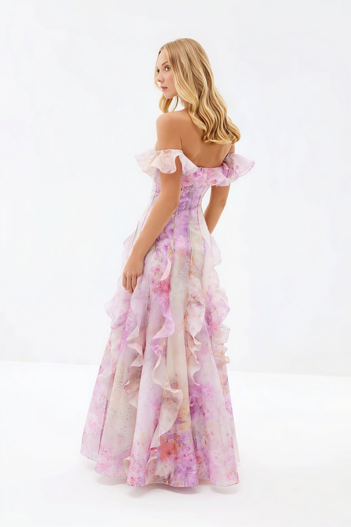 Watercolour Print Off Shoulder Ruffle Maxi Gown 8