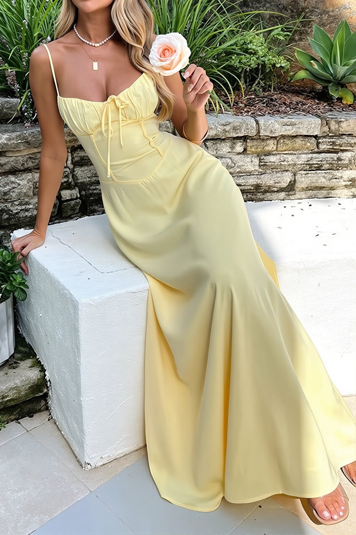 Satin Corset Sweetheart Tie Front Maxi Dress