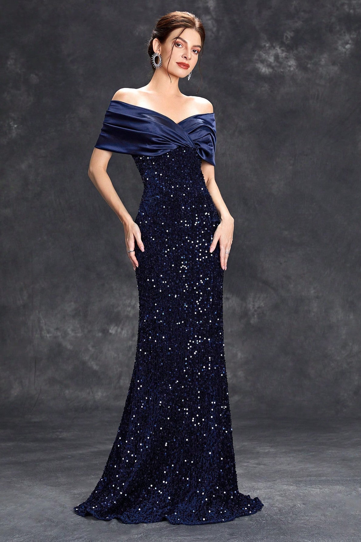 Off-Shoulder Satin-Drape Sequin Mermaid Gown