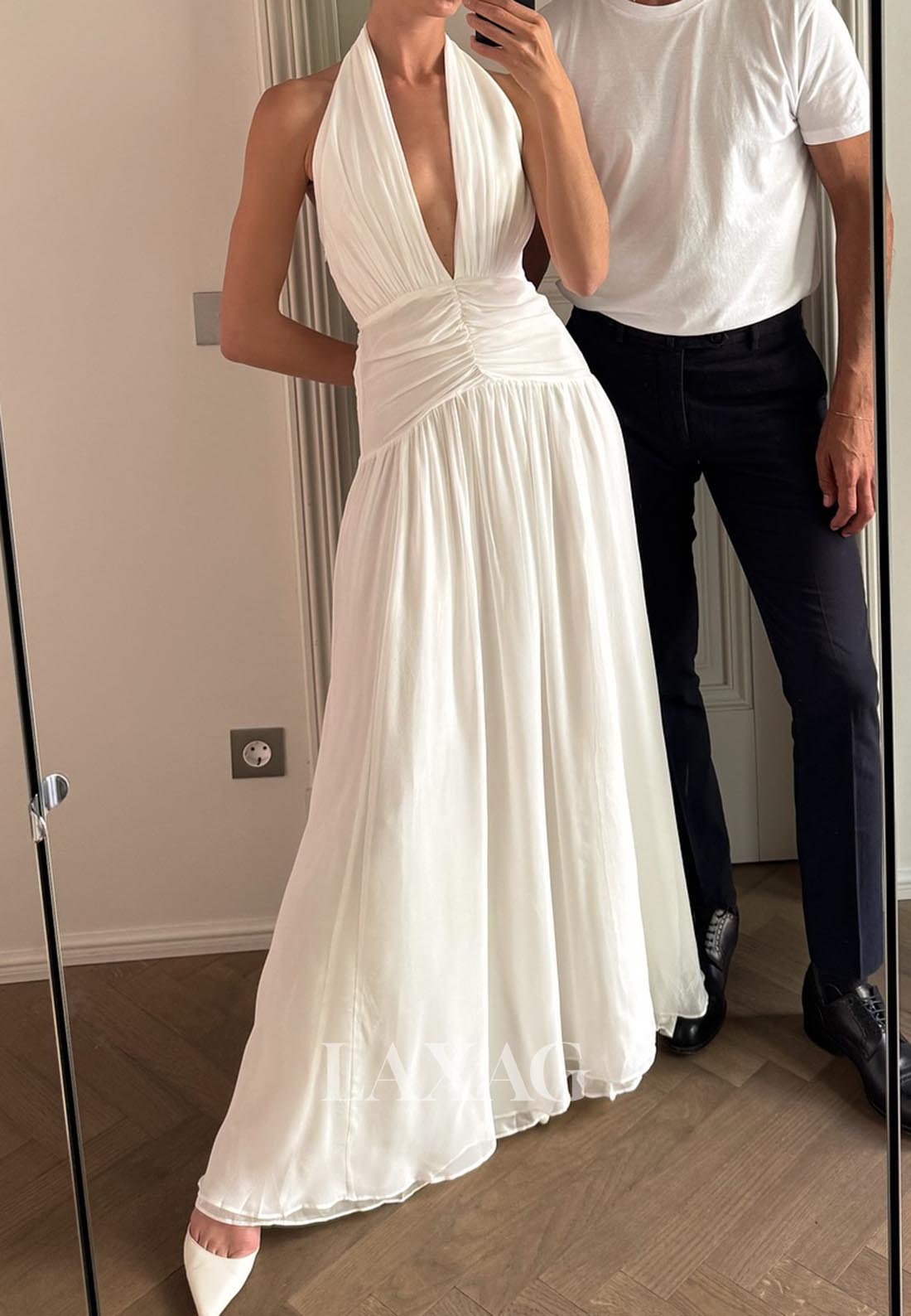 Halter Deep V-Neck Sleveless A-Line Wedding Dress Floor-Length Pleated Chiffon Bride Gowns