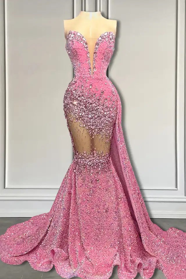 Glamorous V-Neck Sequins Prom Dresses Mermaid Sleeveless Crystal - Fashionpara