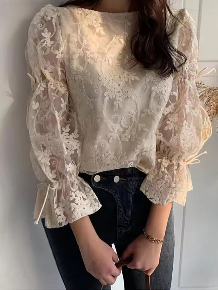 Lace Embroidery Puff Sleeve Blouse