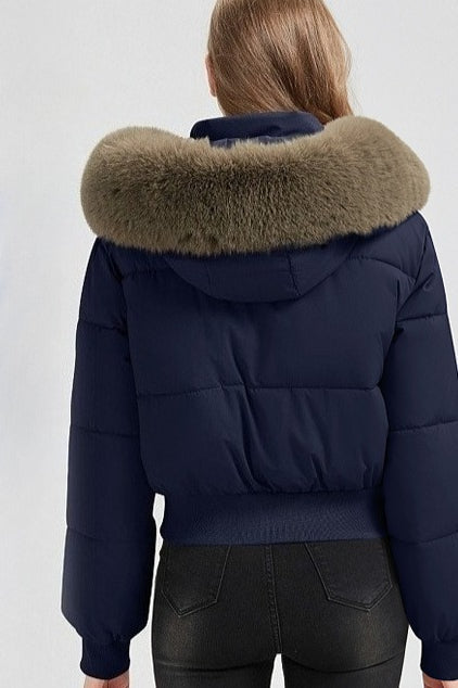 Quilted Cropped Faux Fur Collar Coat - Fashionpara