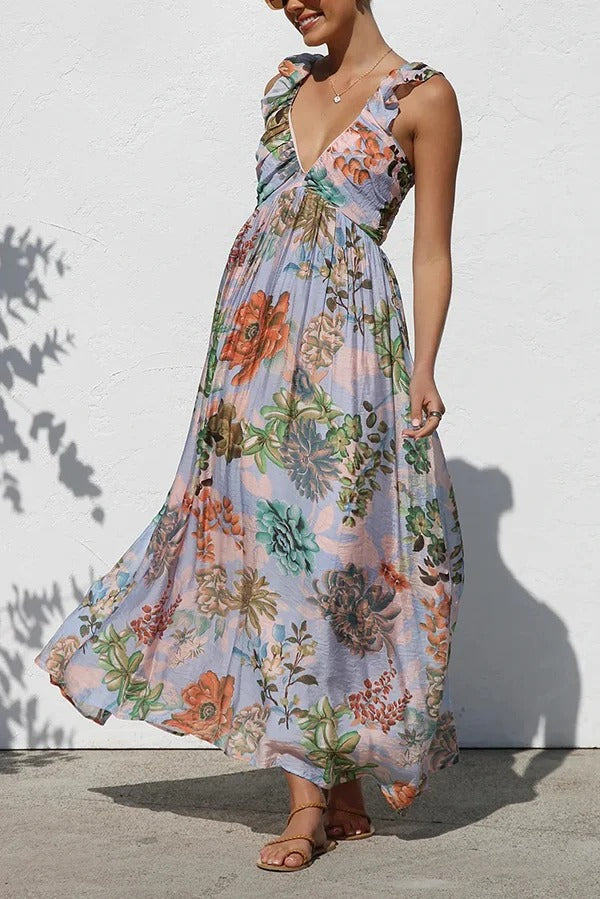 Unique Printed V-neck Ruffled Straps Pleated Back Maxi Dress - Fashionpara