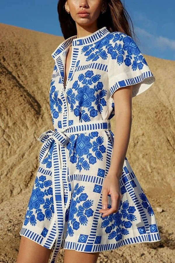 Unique Print Short Sleeve Button Tie Waist Mini Dress - Fashionpara
