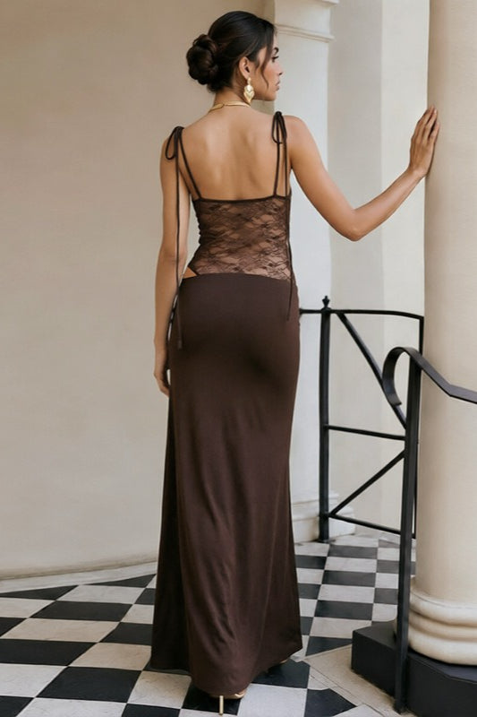 Straight-Neck Spaghetti Strap Lace Corset Bodycon Maxi Dress