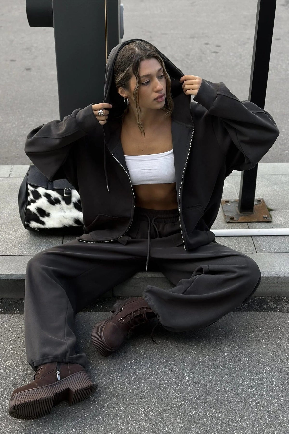 Solid Oversized Zip Front Hoodie Two Piece Set