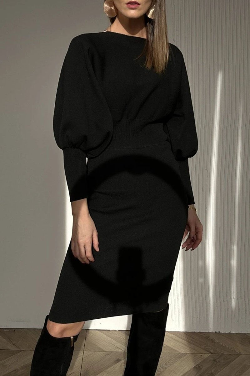 Boat Neck Batwing Sleeve Ribbed Waist Knit Midi Dress 5