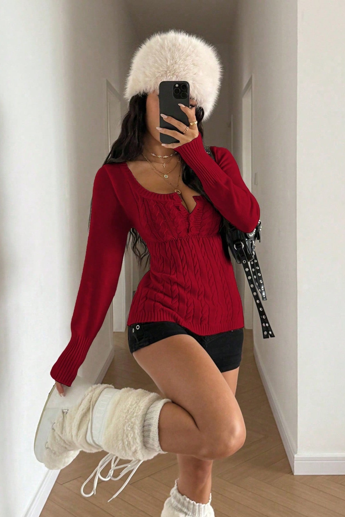 Cable Knit Square Neck Button Detail Sweater 10