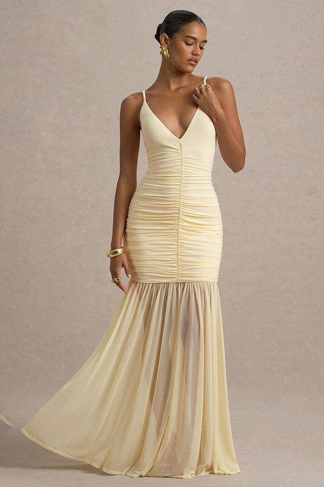 Satin Spaghetti Strap Plunge Ruched Maxi Dress