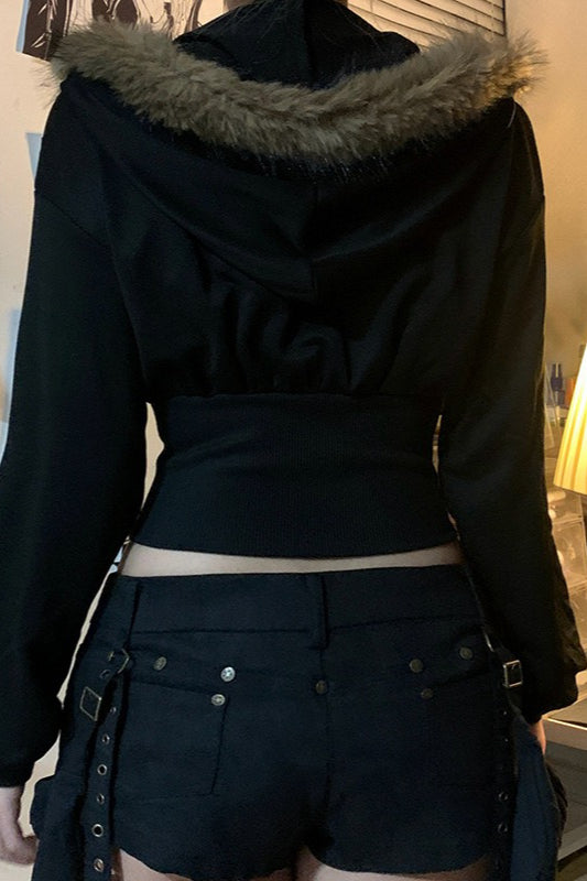 Faux Fur Collar Zip Hoodie - Fashionpara