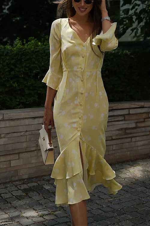 Asymmetric Ruffled Sleeve High Waist Floral Dress