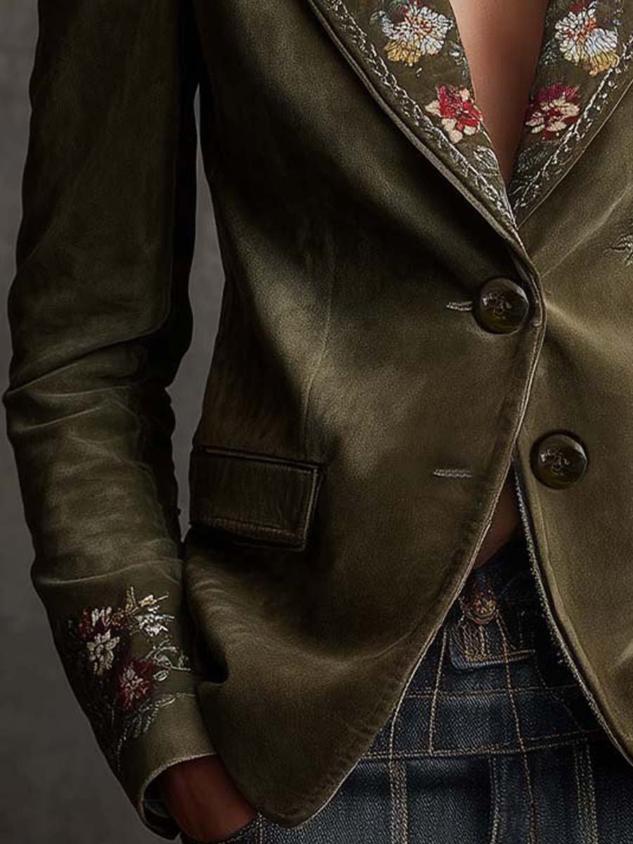 Floral Embroidered Peak Lapel Velvet Blazer 6